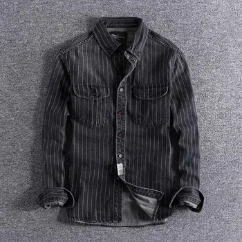 

2019 new attival Long sleeves of men's blouse in autumn and winter in Europe and America with thick pure cotton stripes tops XL