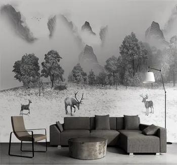 

Custom new Chinese style artistic conception abstract landscape landscape elk background wall painting wallpaper