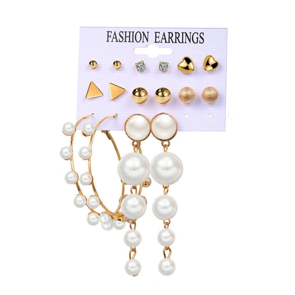 

New 8 Pair Pearl Pendant Ring Earring Round Circle Retro Sweet Love Heart Shape Geometry Ball Stud Earrings for Women Wedding