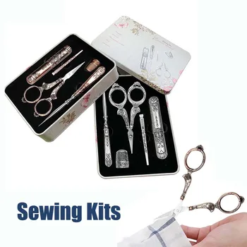 

5Pcs/Set Sewing Tool Set Vintage Scissors/ Needle bottle/ Needles/ Sewing Thimble/ Storage Box Sewing Kits For Needlework