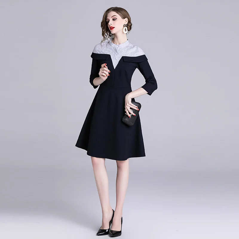 

2019 Spring Clothing New Style Ladies' by Age Stripes Joint Slim Fit A- line Skirt Half-sleeve Shirt Dress Big Hemline Princess