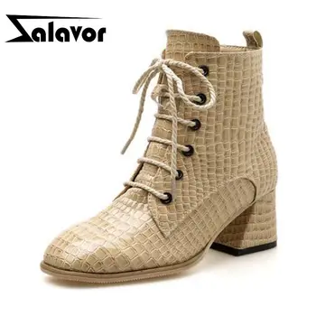 

ZALAVOR Women Round Toe Hoof Heels Ankle Boots Winter Cross Strap Fashion British Style Office Brand Luxury Boots Size 35-39