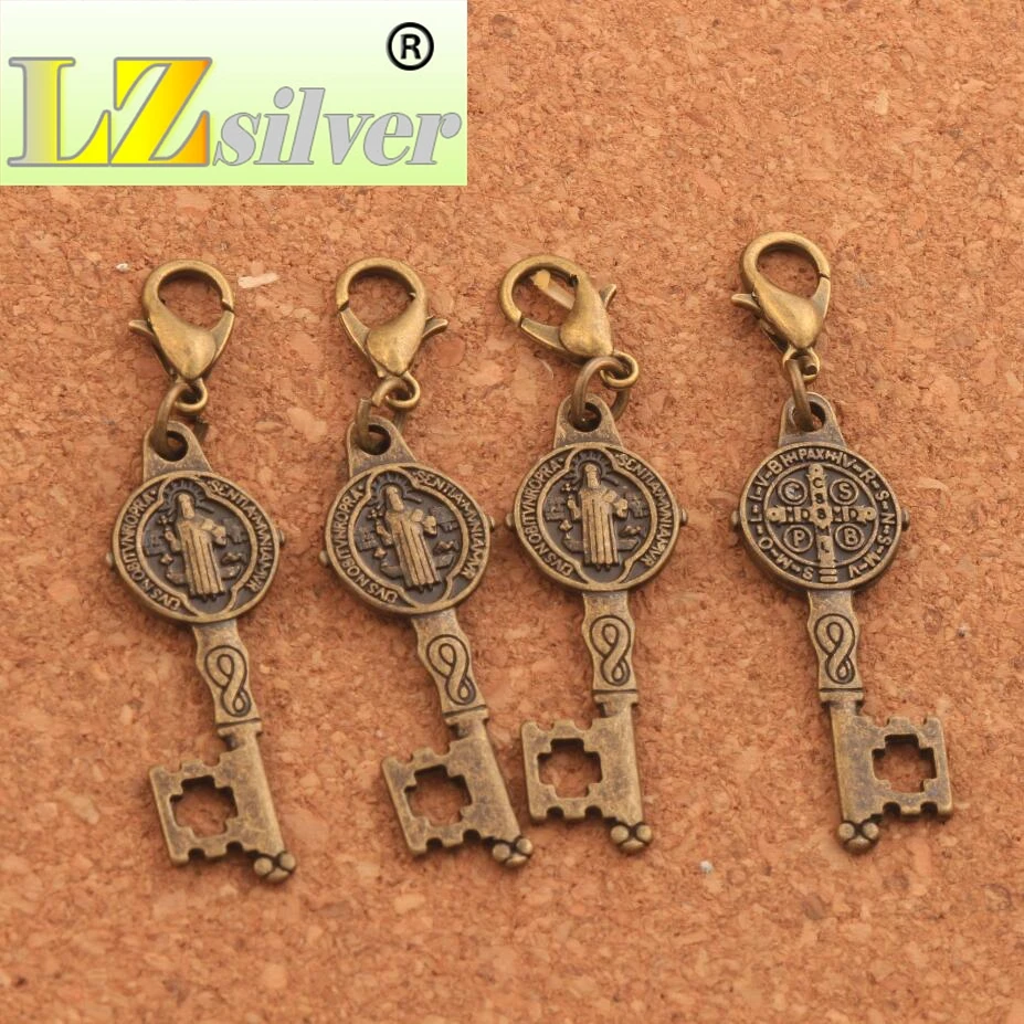 Saint Medal Cross Key Lobster Claw Clasp Charm Beads 12.5x46.5mm 100PCS zinc alloy  Bronze Jewelry DIY C1640