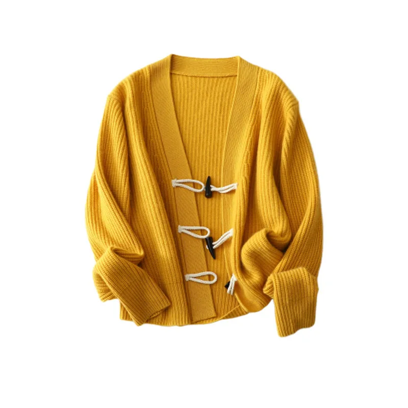 

New Style Cashmere Sweater V-neck Long-Sleeved Loose Knit Cardigan Pure Cashmere Jacket Solid Single Breasted Button