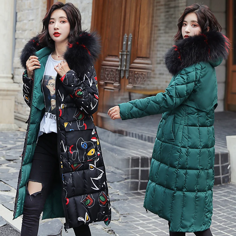 Зимняя куртка для женщин с длинным принтом с капюшоном из искусственного меха, зимнее пальто с хлопковой подкладкой, женская верхняя одежда, парки - Цвет: DarkGreen