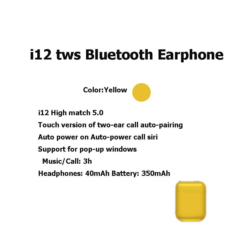 I12 TWS Bluetooth 5,0 беспроводные наушники спортивные стерео умные сенсорные наушники i7 TWS наушники-вкладыши Bluetooth наушники I9s музыкальный наушник - Цвет: i12 yellow