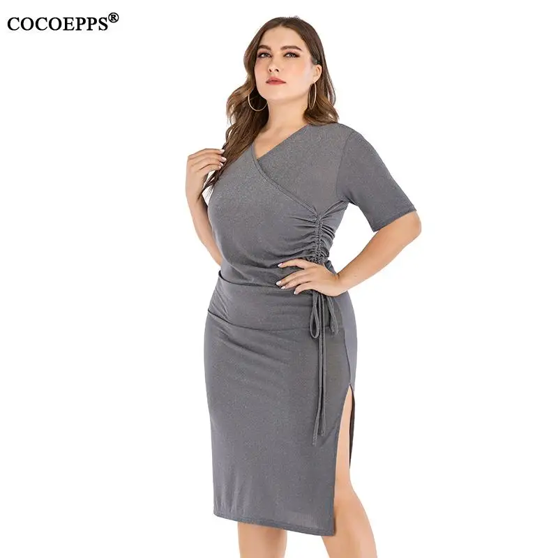 4XL 5XL женское весеннее блестящее платье большого размера элегантное офисное платье с v-образным вырезом и длинными Рюшами Плюс Размер облегающее женское Красное Ночное платье