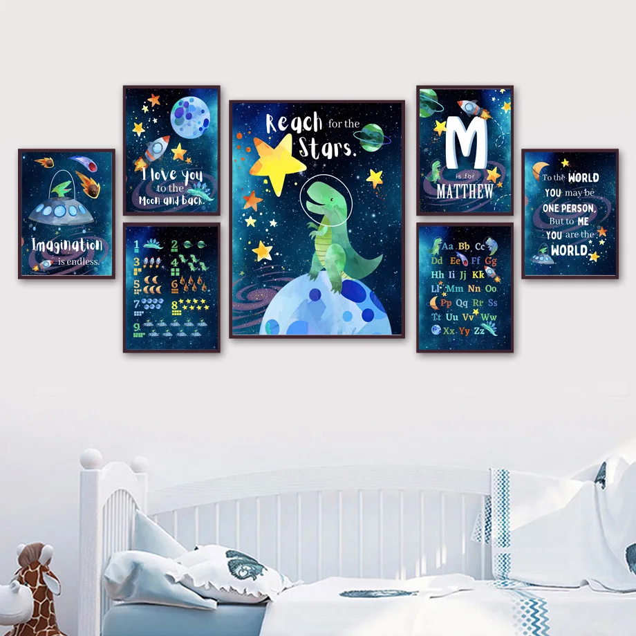 Space Dinosaur UFO Education Number Alphabet Nursery Wall Art Print Canvas Painting Nordic Poster Decor Pictures Baby Kids Room