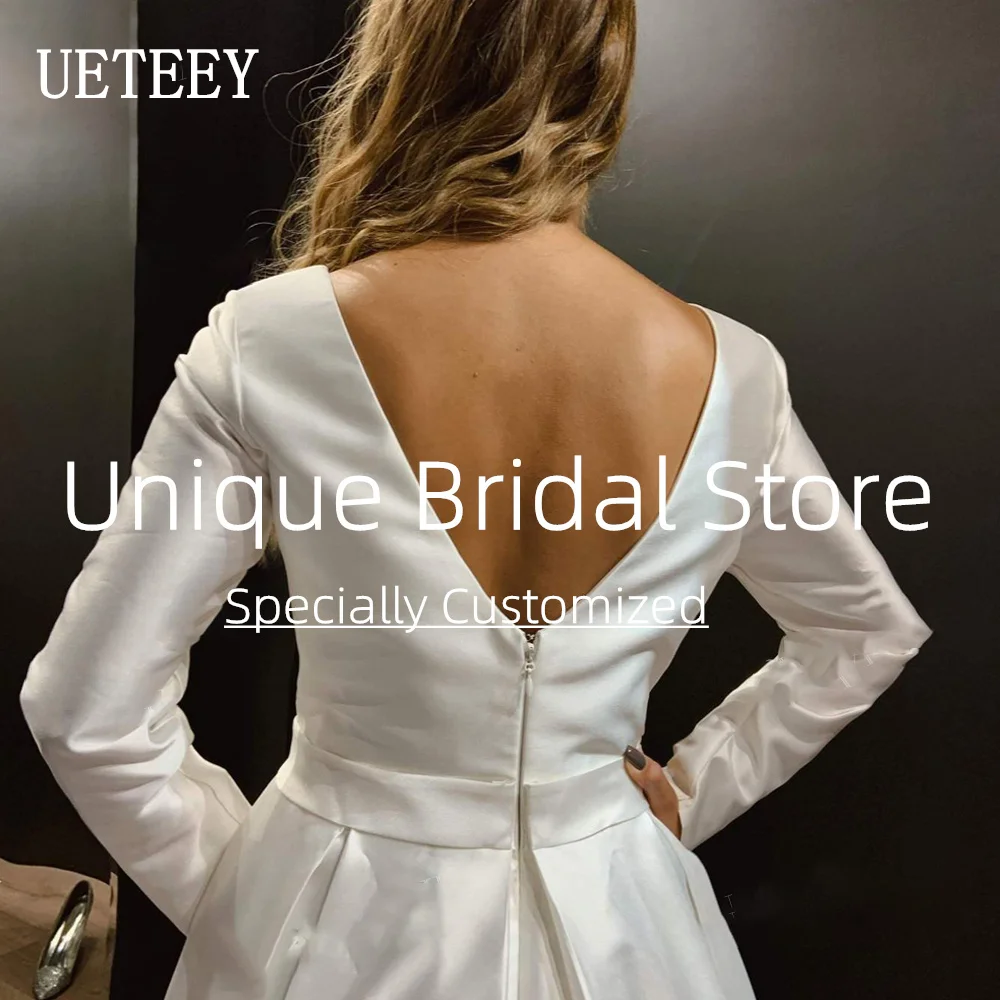 UETEEY Plus Size Wedding Dress V-Neck Long Sleeve Zipper Back 2022 Simple Satin A-Line Princess Bridal Gowns Vestido De Novia