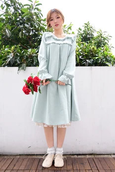 

Vintage Retro Bohemian Lolita Japanese Mori Girl Boho Sweet Cute Mori Girl Chiffon Lace Ruffle Women Long Sleeve Elegant Dress