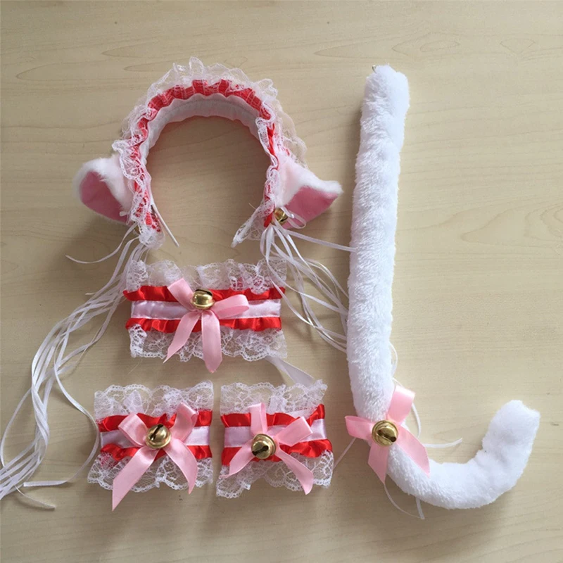 4/5 шт кота лисы меха, с заячьими ушками, с рисунком из аниме Kawaii костюм; повязка на голову+ хвост Напульсники милые Косплэй с украшением в виде кошачьих ушек повязка на голову аксессуары для головных уборов