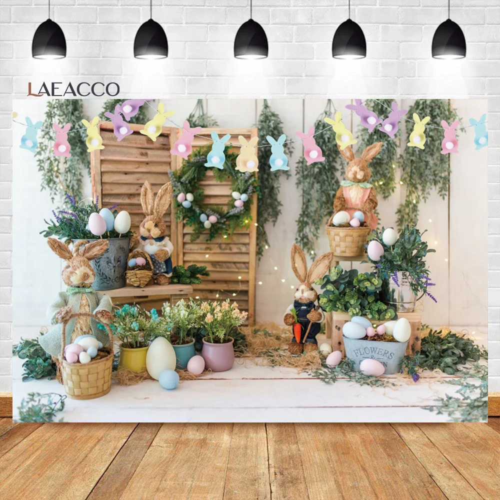 Laeacco Easter Photography Backgrounds Wooden Board Wall Green Grass Flowers Easter Eggs Children Portrait Photo Backdrops Props photo backdrop