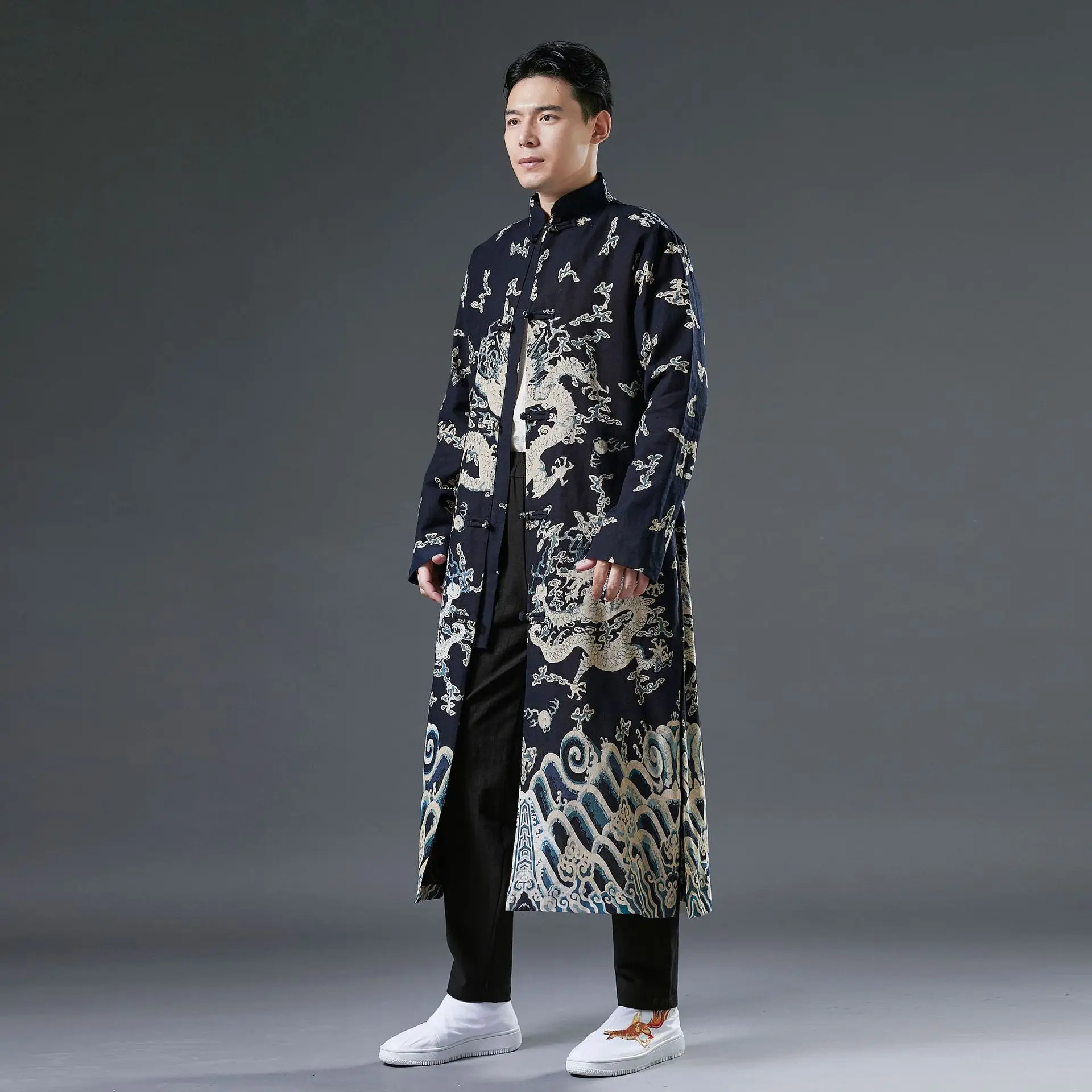 Chinese Style Retro Button Robe Gown Men Print Dragon Cotton Linen Tang Tops Casual Mandarin Collar Shirt Harajuku Kimono Coat