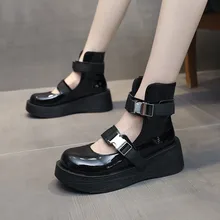 

Lolita Woman Shoes Buckle Ankle Strap Platform Shoe Women Patent Leather Thick Sole Punk Hollow Outs Retro Motorcycle Boot