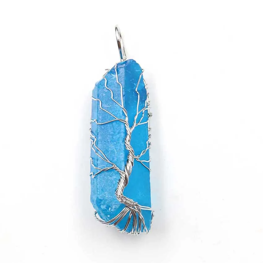 14Send Leather Chain Natural Crystal Big Pendants Reiki Chakra Handmade Wire Wrapped Tree of Life Quartz Pendant for Necklace Healing Yoga jewelry - Окраска металла: 14Send Leather Chain