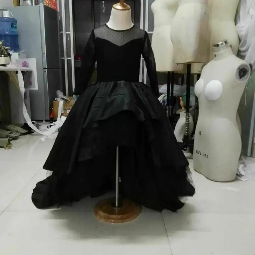 Black Flower Girl Dresses High Low Scoop Long Sleeves Floor Length Satin Tulle A-Line Gown Kids Wedding Party Dresses