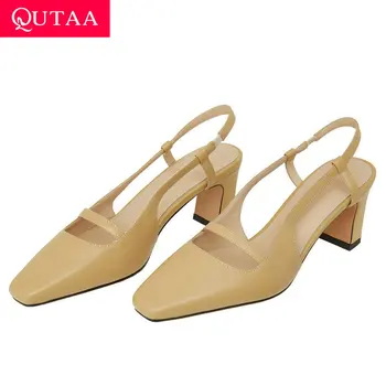 

QUTAA 2020 Square High Heel Ladies Sandals Cow Leather Summer Women Pumps Fashion Pointed Toe Slingback Women Shoes Size 34-40