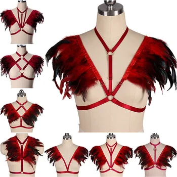 

Handmade Red Feather Harness Epaulet Wings Sexy Lingerie Cage Bra Fetish Chest Belt Strap Goth Punk Adjust Plus Size Tops Rave
