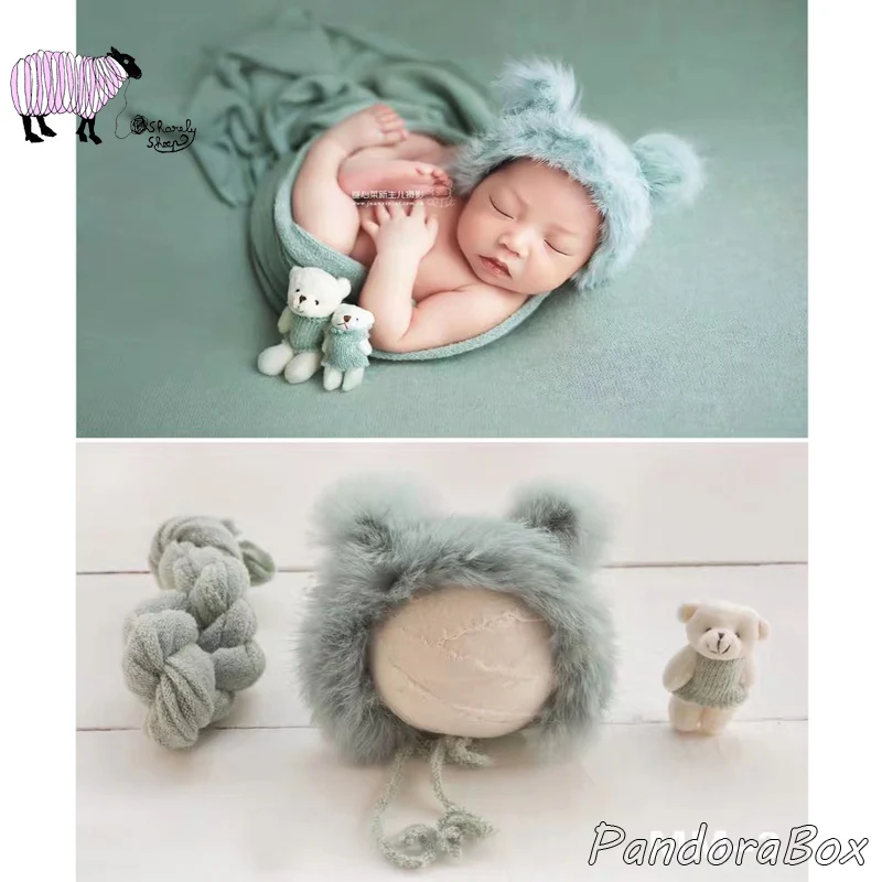 Newborn Baby Cartoon Hat+Stretch Wrap Set Photography Props Baby Boy Girl Photo Shoot Posing Wrap Cap fotografia Accessories