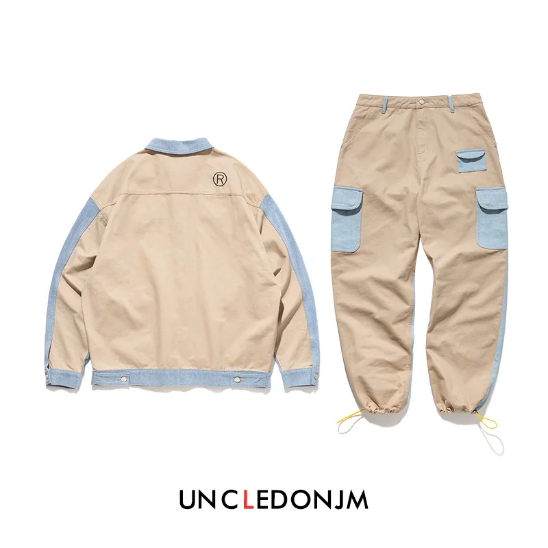 

UNCLEDONJM 2 Pieces Men Set Hip hop Man Set Colour Block Jacket and Pants Streetwear Suits Cotton Loose Kanye west Pants A53/A54