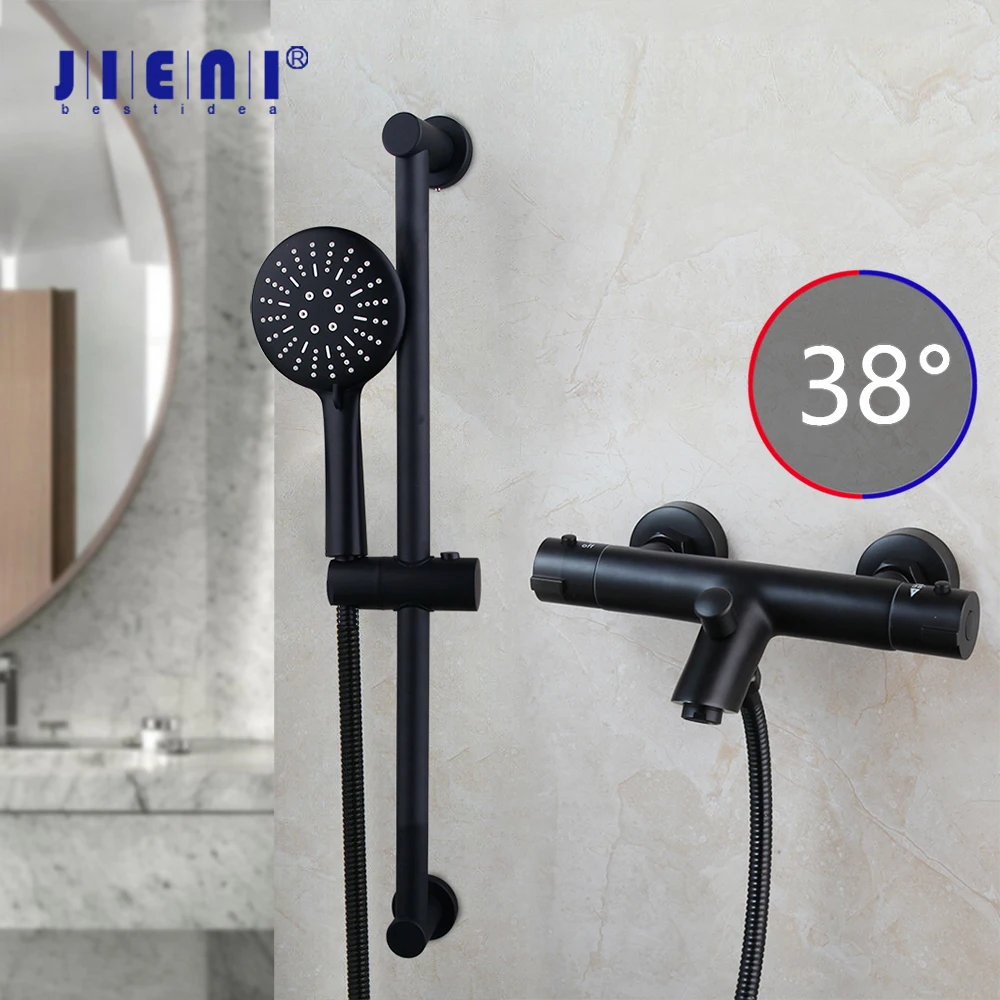 

Термостатический душевой набор JIENI для ванной комнаты, матовый черный с ручкой от дождя и душевой лейкой, Настенный Набор смесителей для ванны и душа