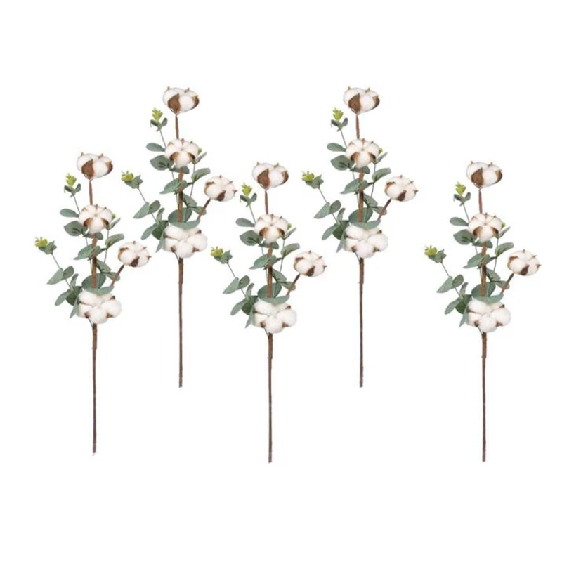 

5 Pcs Cotton Stem Decoration with Eucalyptus Leaves 4 Cotton Heads Suitable for Farmhouse Style Floral Decoration