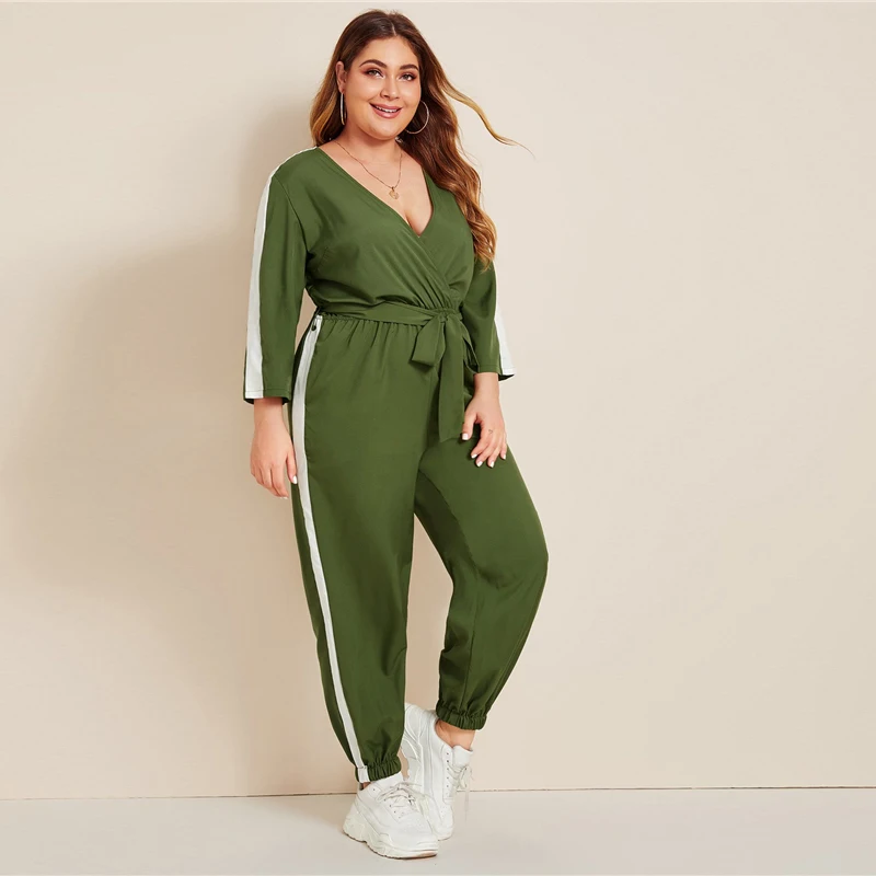 SHEIN плюс размер цветной блок Surplice передний комбинезон с поясом женский весенне-осенний Повседневный v-образный вырез длинный рукав спортивные длинные Комбинезоны