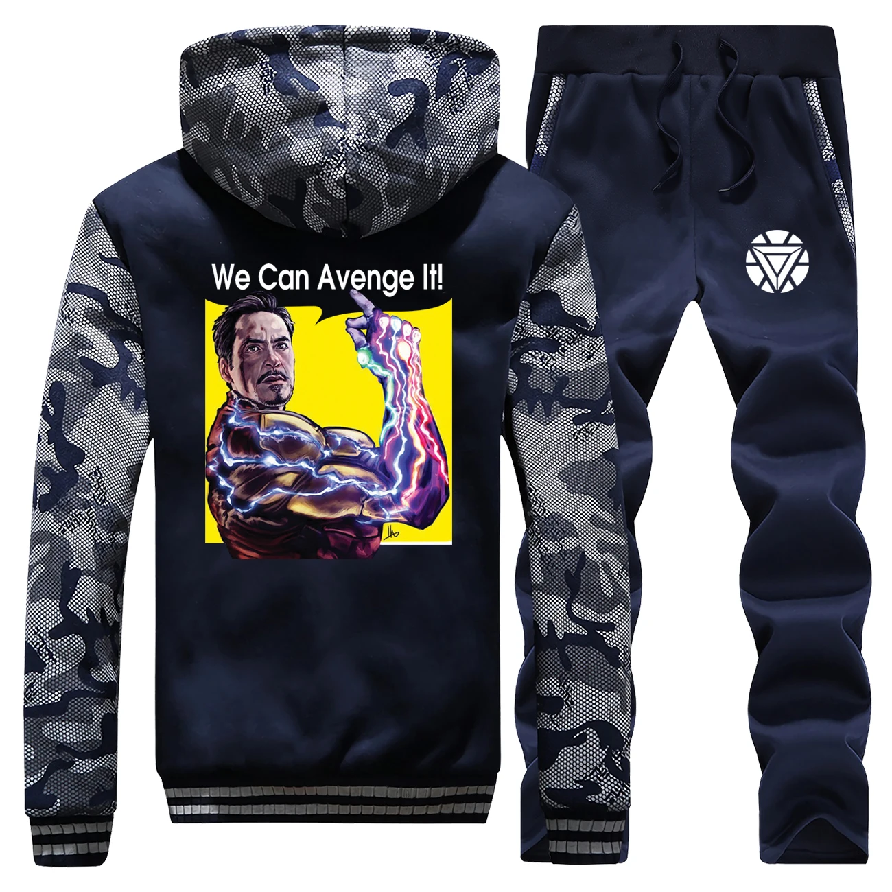 

2019 Winter Mens Funny Iron Man Tony Stark The Avengers Hoodies Coat Thick Camouflage Soprtswear Suit Jacket+2 Piece Set Pants