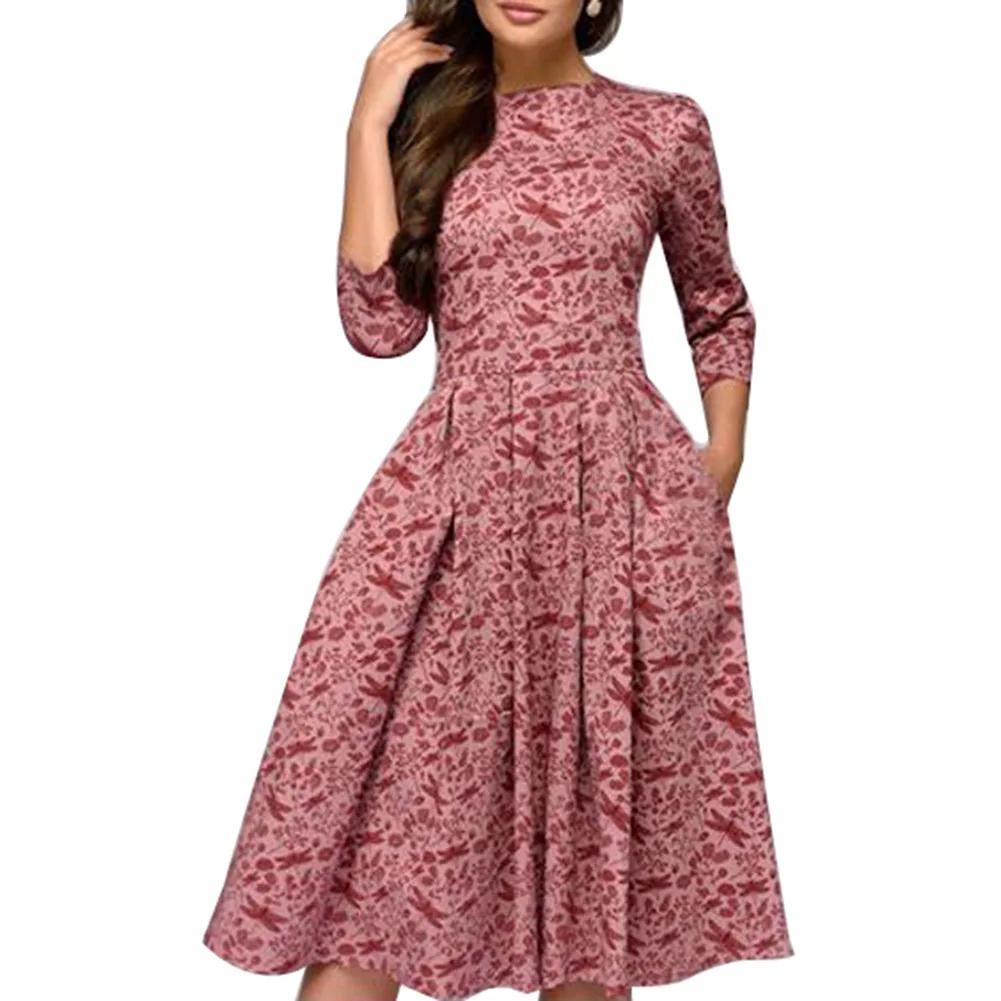 Женское винтажное ТРАПЕЦИЕВИДНОЕ платье С Рукавами 3/4, vestidos, цветочный принт, круглый вырез, сарафан на осень, vestidos, женская одежда для вечеринки - Цвет: Розовый