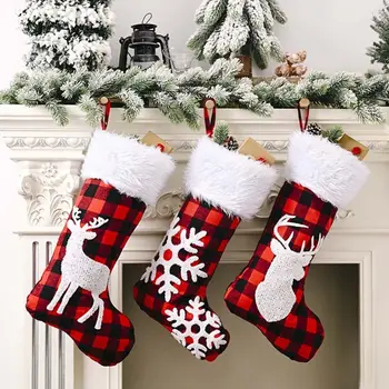 

3pcs/set Christmas Stocking Snowflake Elk Lattice Gift Candy Bag Hanging Xmas Tree Fireplace Decoration