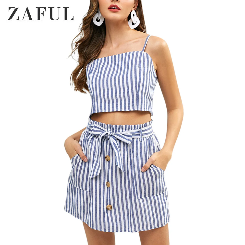 Женский комплект из двух предметов ZAFUL топ в полоску с косами и юбка поясом