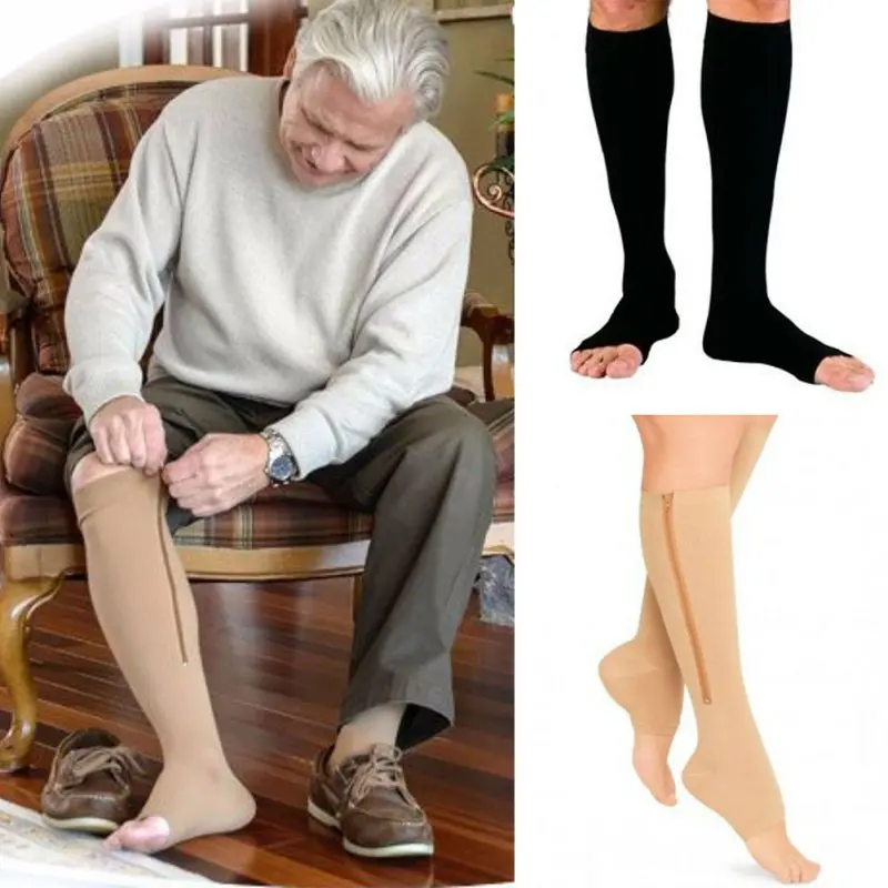 Fitness Zipper Compression Socks Zip Circulation Pressure Leg Support Knee Sox Open Toe Sports
