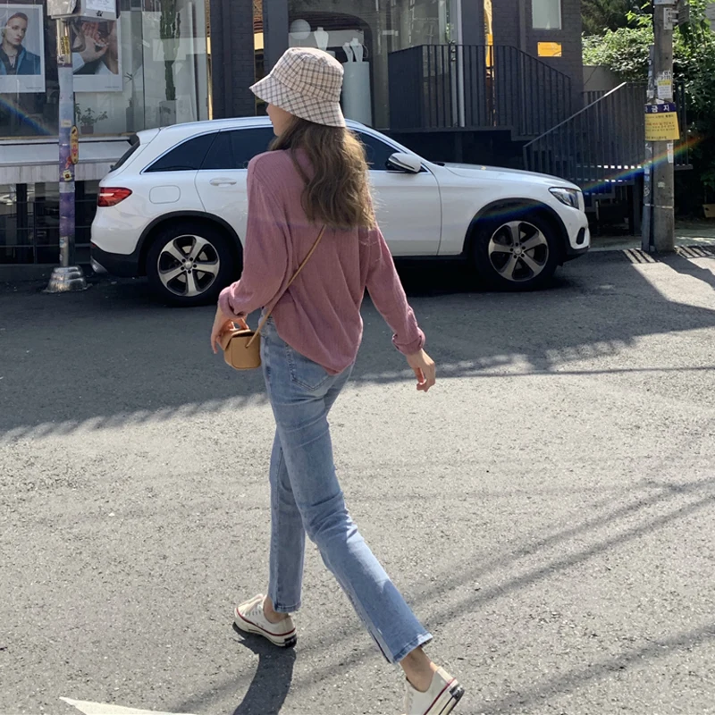 Ins Harajuku/Винтажные Стильные Простые расклешенные брюки с разрезом для девочек; Новинка осени; корейская мода; свободные однотонные повседневные женские джинсы с высокой талией