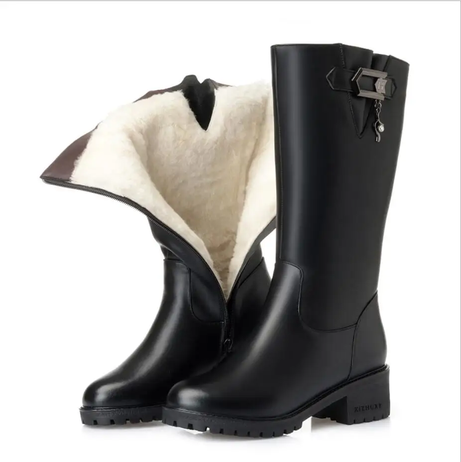 D-397 Big size women winter boots genuine leather women motorcycle boots warm wool Thick heel mid tube side zipper mother boots