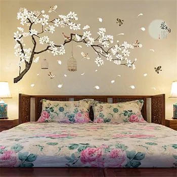 

Chinese Style White Flowers Black Tree and Flying Birds Wall Stickers Removable DIY Wall Art Decor Decals Murals for Home Walls