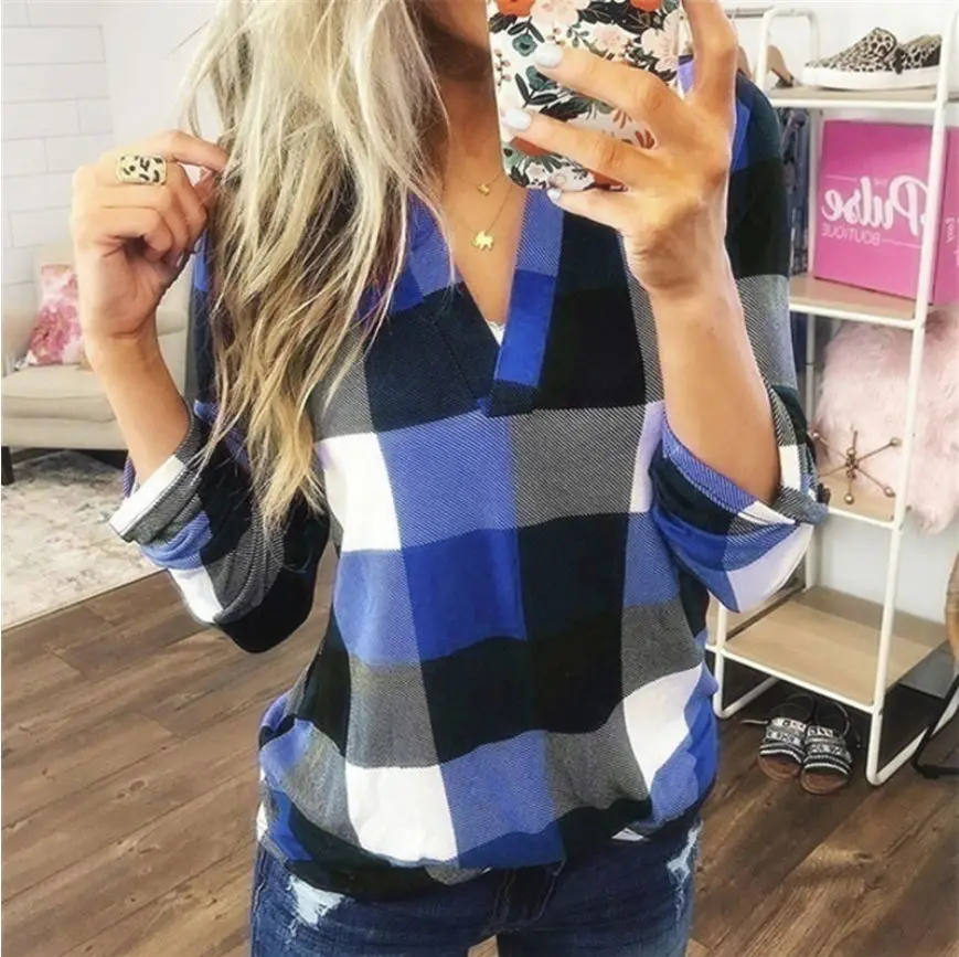 

2019 Women's New Hot Spring And Autumn Shirt Plaid Print V-Neck Long-Sleeved Shirt T-shirt
