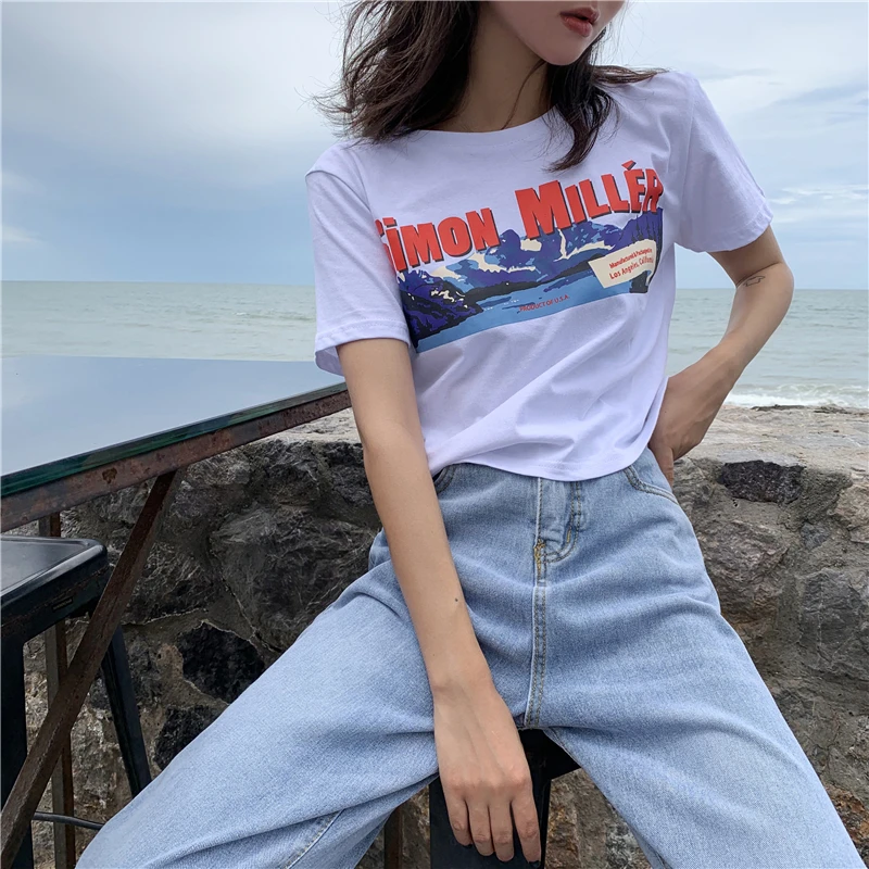 

2020 Summer Crop Tops Short Print T-shirt Women Crew Neck Fashion Chic Printed Navel Slim Short-sleeved Ulzzang E-girls Top