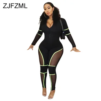 

Striped Mesh Patchwork Sexy Skinny Romper Women Front Zipper Long Sleeve Party Jumpsuit Streetwear See Through Bandage Bodysuit