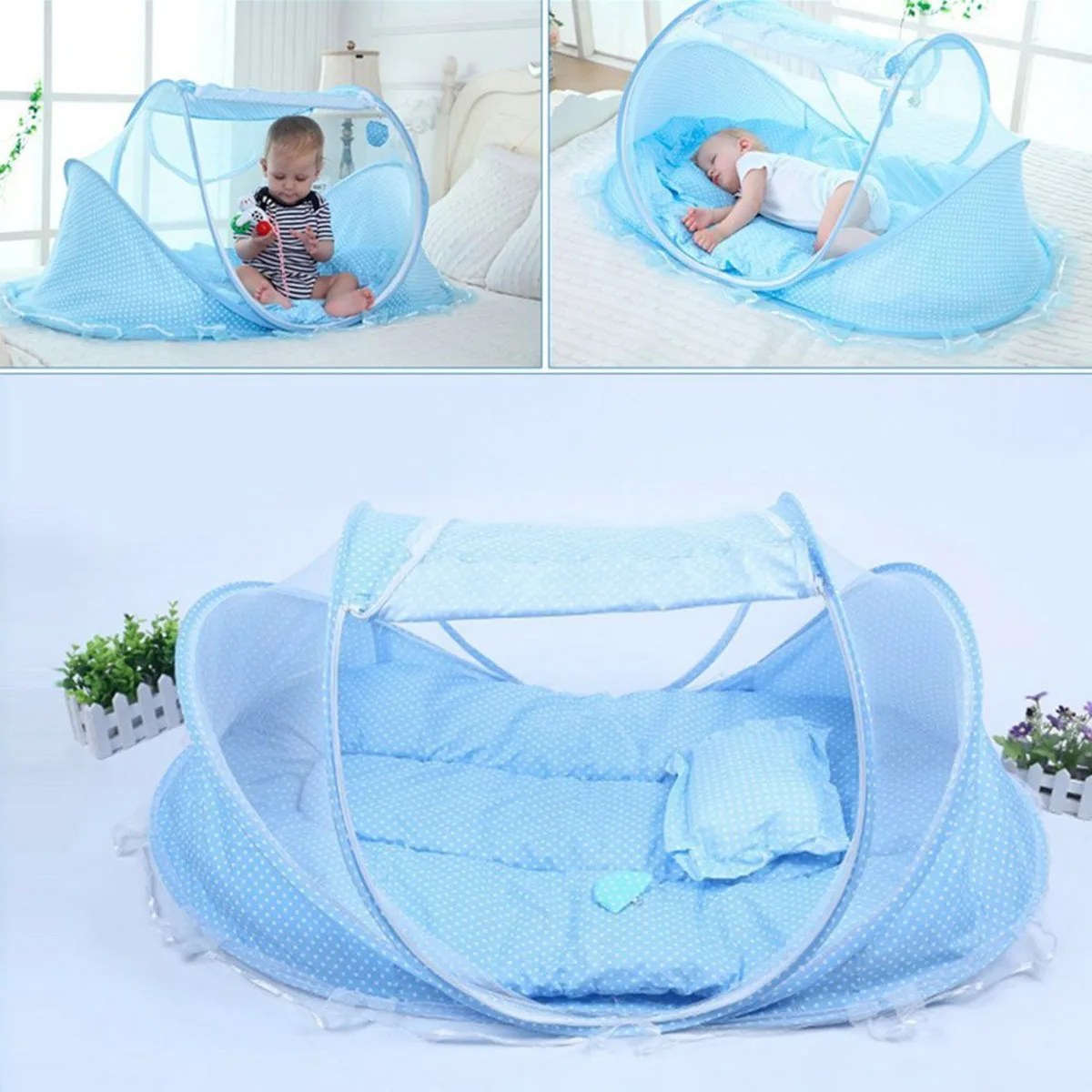 Free shipping Baby Bedding Crib Netting Folding Baby Mosquito Nets Bed Mattress Pillow Three-piece Suit Pink Blue 110*65*60cm