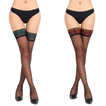 

Women Transparent Thigh High Sexy Stockings Long Silicone Ribbon Stay Up Nylon Stockings Peacock Pattern Over The Knee Socks