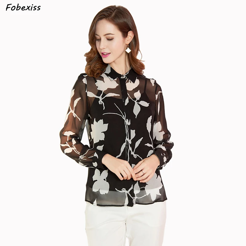 Женские блузки из натурального шелка, осень, длинный рукав, элегантный черный кардиган с цветочным принтом, на пуговицах, из натурального шелка, рубашка для офиса рубашка женская одежда для женщин Рубашка жен