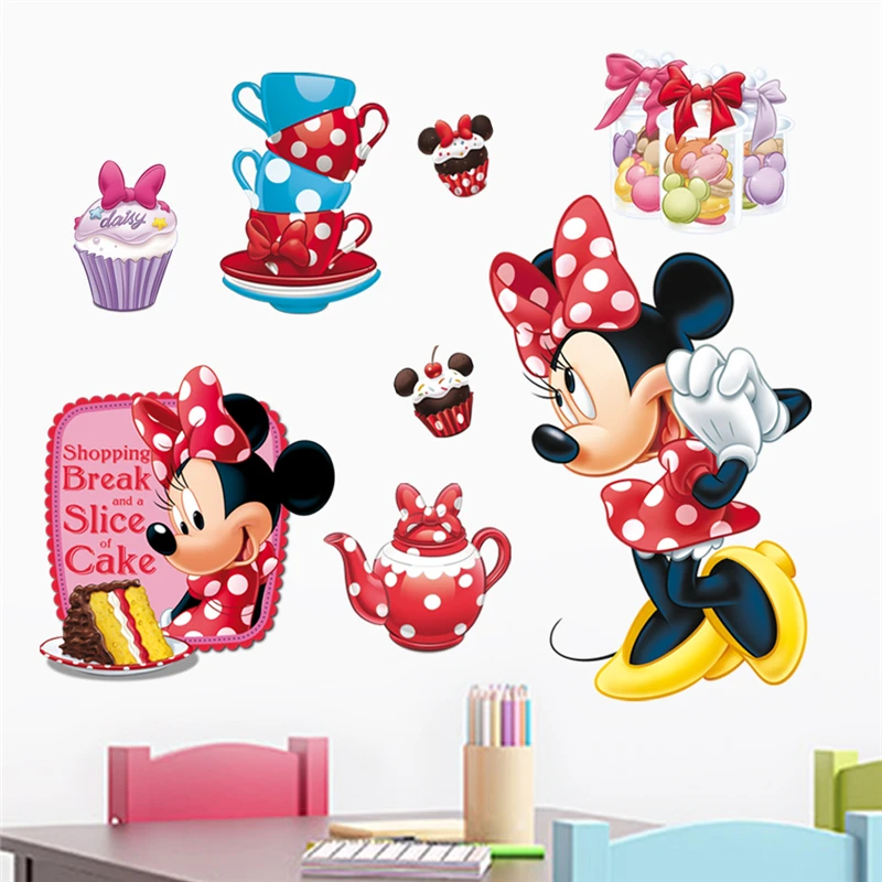 Disney Cartoon Minnie Mouse A Slice Of Cake Wall Decals Kids Rooms Wall Stickers Pvc Mural Art DIY Posters Home Decal