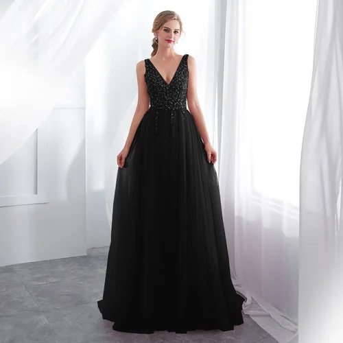 Бисерное платье для выпускного V образным вырезом розовый высокое Разделение шелковое платье, свадебное платье, вечернее платье без рукавов трапециевидной формы на завязке с открытой спиной Vestido De - Цвет: Черный