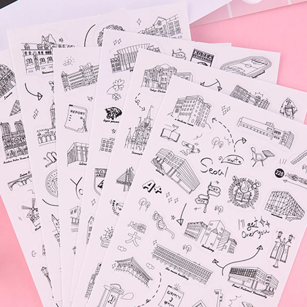 

6 Sheets /set Famous World Scenic Tour Stickers Diary DIY Decoration Label PVC Transparent Stamp Stationery Sticker
