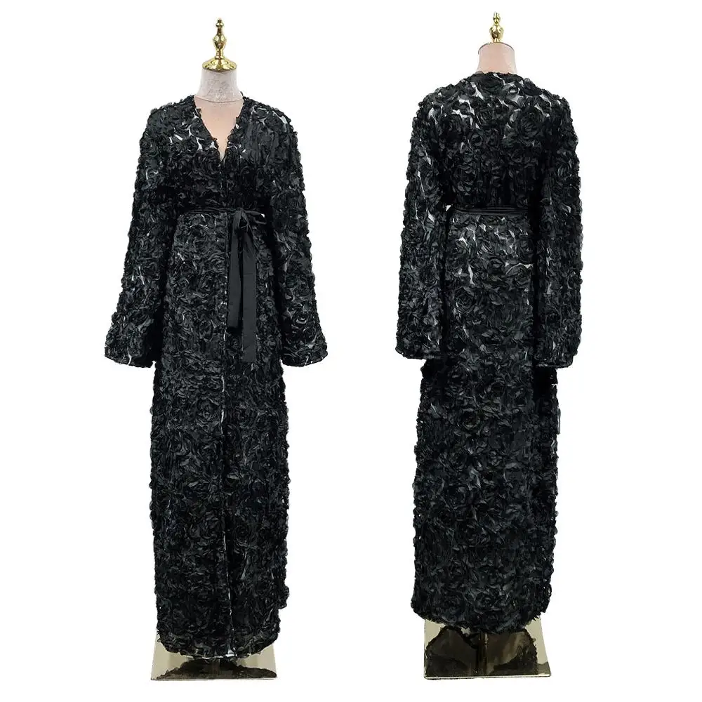 Кружевной Цветок abaya Дубай открытый халат-кимоно кардиган мусульманские женщины Длинное Макси платье арабский длинный рукав черный Исламский Одежда Платья