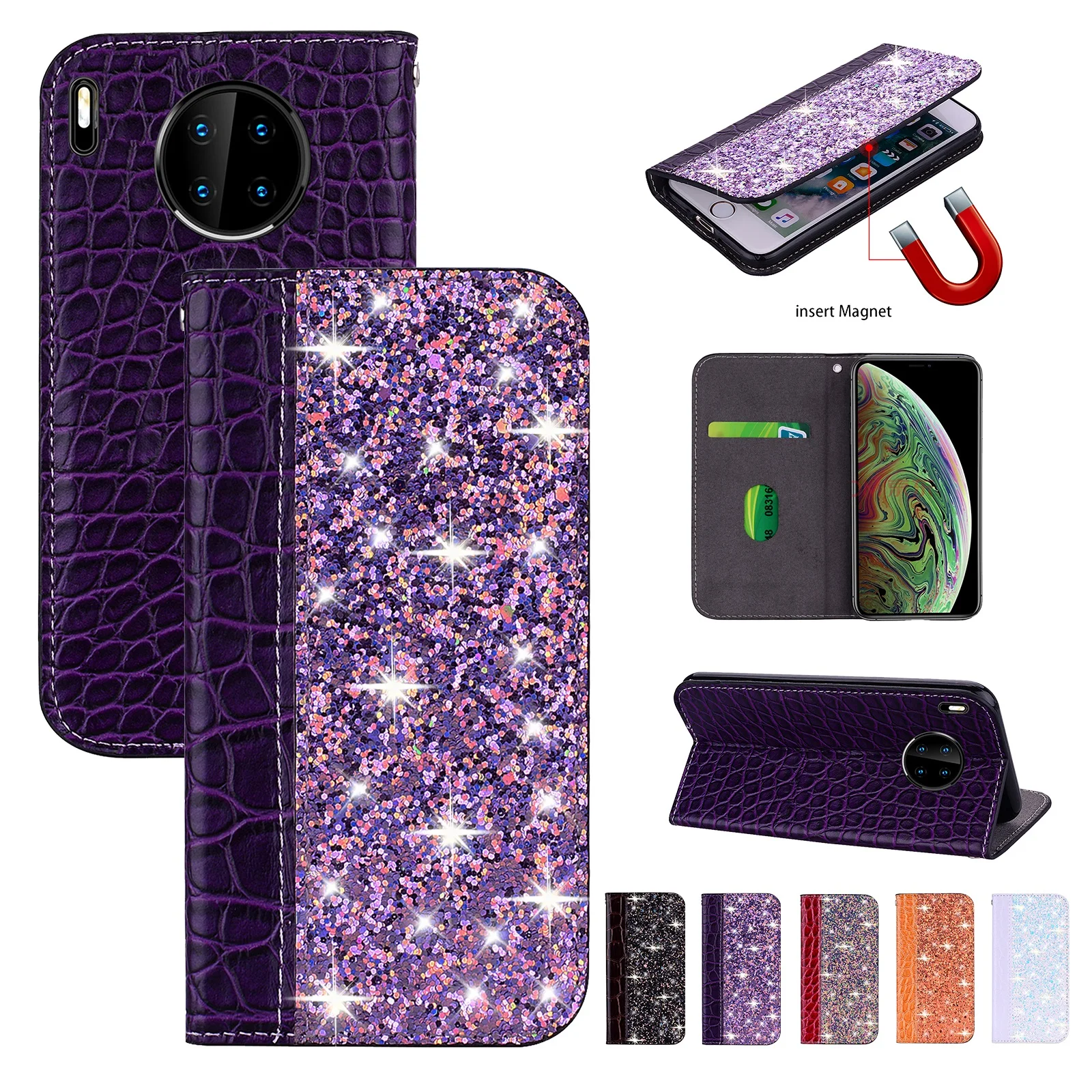 Glitter Bling Case For Huawei Mate 10 20 P20 P30 40 Lite Pro Honor 9 Y6 Y7 Y9 P Smart 2019 Leather Funda Flip Book Coque | Мобильные