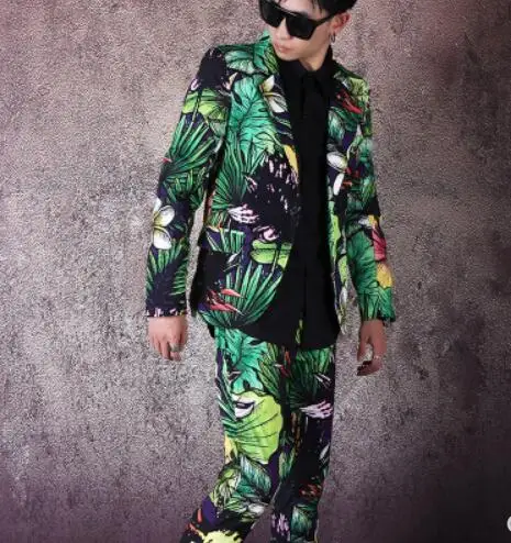 S-5XL Мужская Новая одежда Модная тонкая певица DS DJ зеленые растения Печать костюм брюки для ночного клуба торжественное платье размера плюс