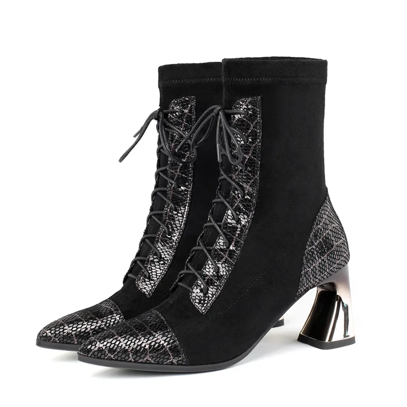 

fall leather Martin boot tie color electroplating heel elastic middle boots pointed thick heel women's boots