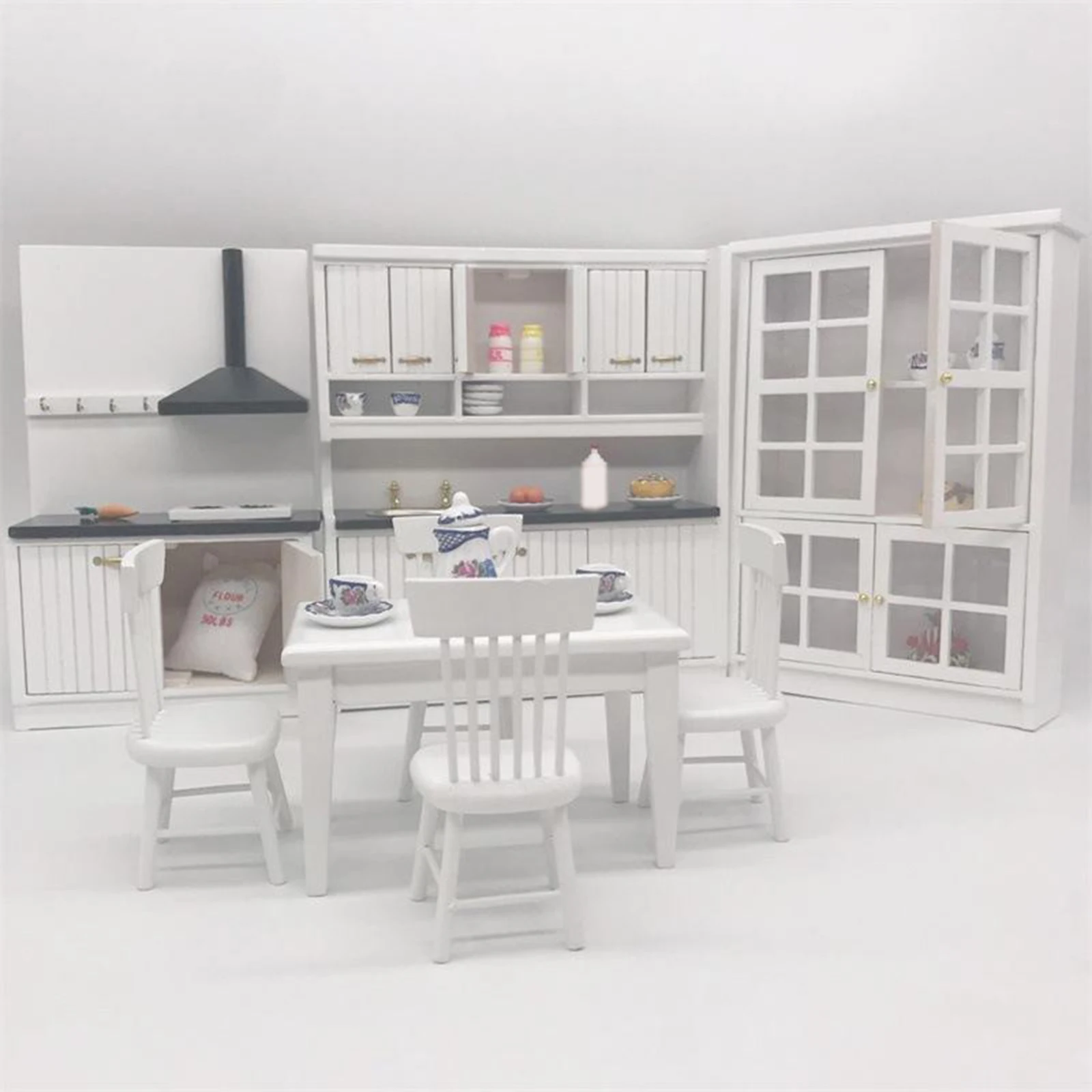 1:12 Dollhouse Miniature Furniture Wooden Kitchen Cabinet Dining Table Dollhouse Chair Kits Handcraft DIY Gifts