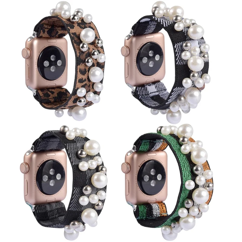 

Replacement Pearl Apple Watch Band 38mm 40mm Women Nylon Elastic Bracelet Wristbands for iWatch 5/4/3/2/1 42mm/44mm Accessories